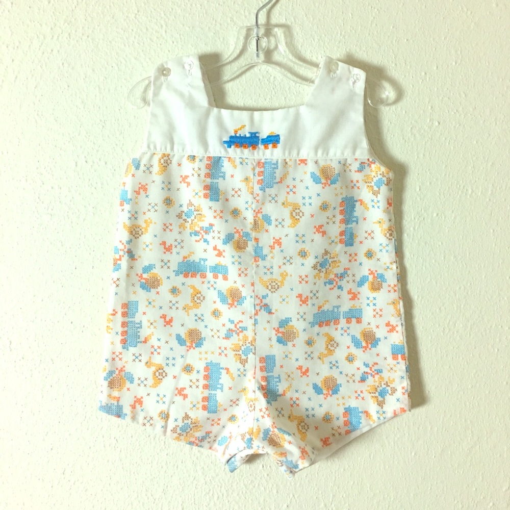 Vintage 1960s Cross Stitch Choo Choo Train Romper